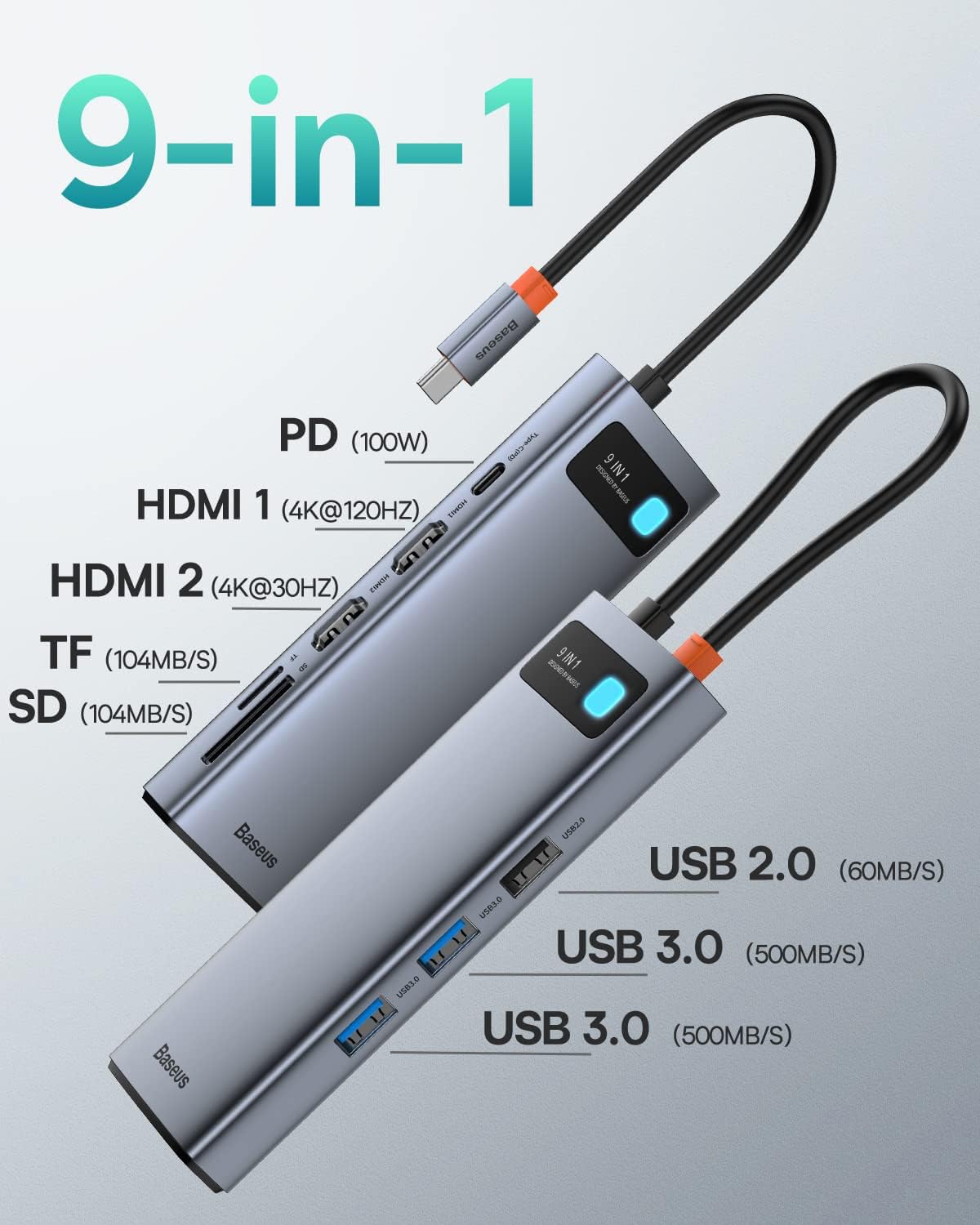 baseus-9-in-1-usb-c-docking-station-dual-monitor-4k-120hz-1000mbps-ethernet-85w- image 2