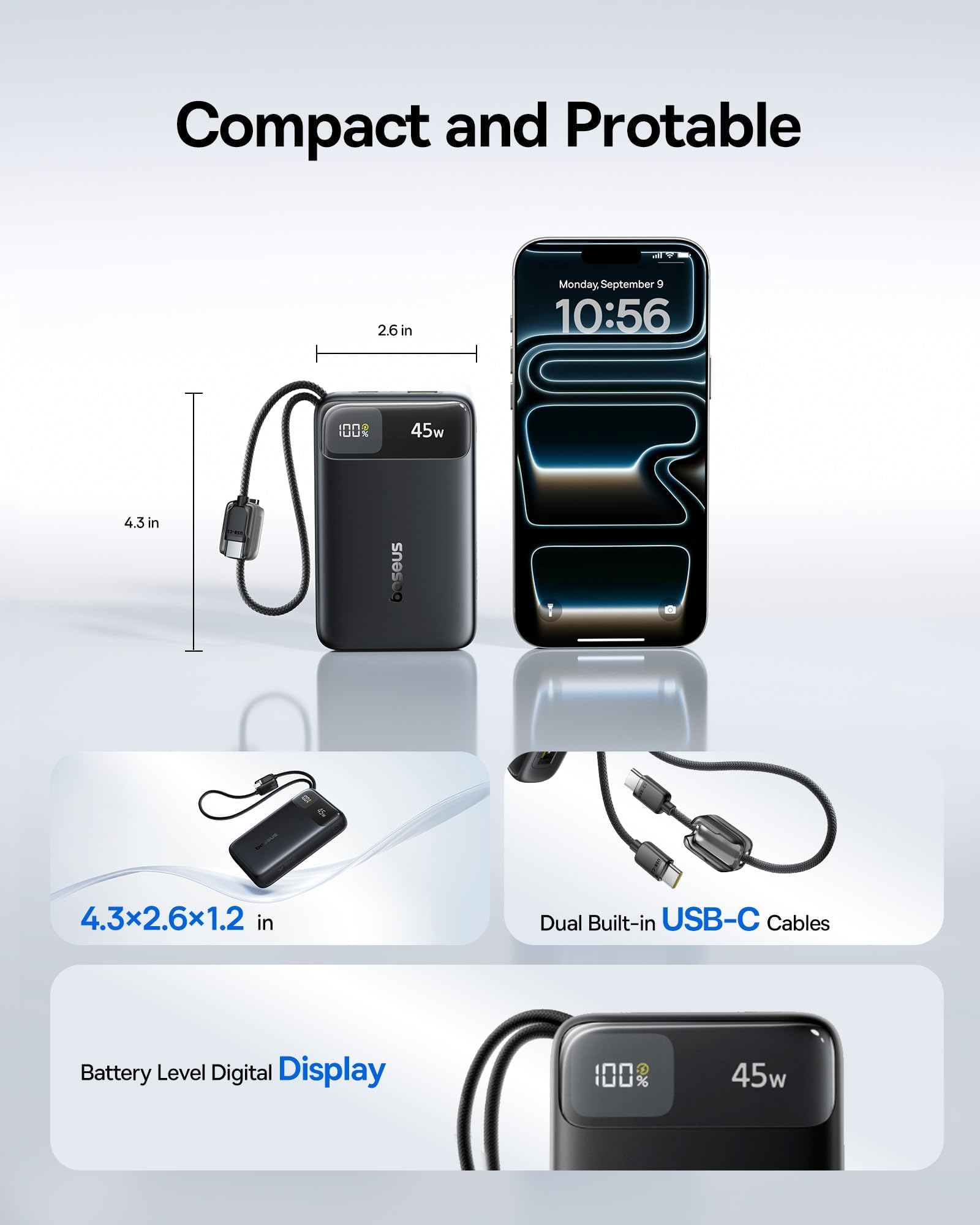 baseus-20000mah-compact-portable-charger-45w-with-dual-built-in-usb-c-cables-ccc image 2
